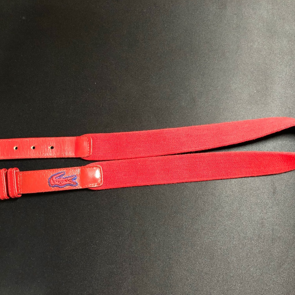 VINTAGE 80s Lacoste Belt Men Size 36 Red Leather Cotton Elastic Stretch Preppy